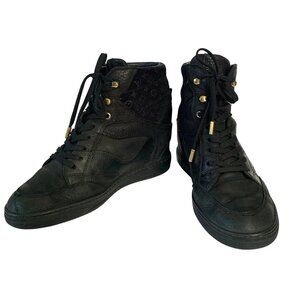 Louis Vuitton Black High-Top Sneakers Sz 37 Monogram Leather & Suede